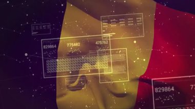 Starfield Belçika bayrağını dalgalandırarak başlatıyor HUD panelleri kaydırıyor verileri gösteren çözülen düğümleri güncelliyor. Dijital, fütürist, parlak, analitik, sürükleyici, yenilikçi, teknoloji