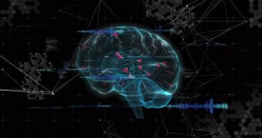 Cyan 3D beyin hologramı arayüzde beliriyor, düğümler işaretleniyor, arıza yapıyor, veri analizi için dönüyor. Nörobilim, dijital, geleceksel, yenilik, veri, bağlantı, teknoloji