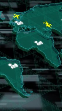 Uçaklar ve kargo gemileri dünya haritasında şebeke arka planına sahip. Ulaşım, küresel, lojistik, nakliye, havacılık, ağ