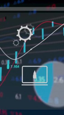 Siyah arkaplanda simgelerle finansal veri işleme animasyonu. Küresel iş, finans, bilgisayar ve dijital arayüz kavramı dijital olarak oluşturulmuş video.