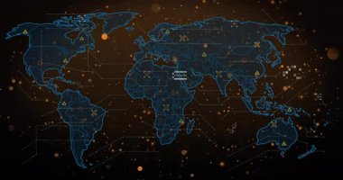 Soldan haritaya hareket eden neon-mavi çizgi, ikonlar, büyü kümeleri, analitik için ortaya çıkan parçacıklar. Teknoloji, veri, dijital, ağ, bağlantı, yenilik, fütüristik