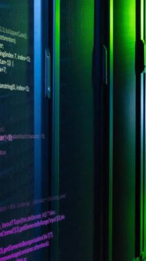 Animation of data processing against computer server room. Computer interface and business data storage technology concept