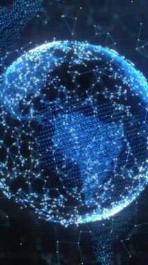 Bağlantılar ağı üzerinde birden fazla ışık izi ve siyah arkaplana karşı dönen bir küre. küresel ağ ve teknoloji kavramı