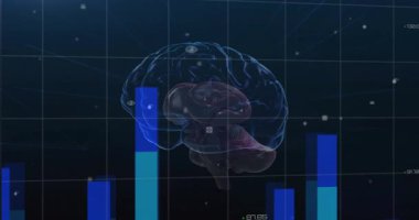 Beyin asılı duran başlangıç simgeleri sürükleniyor, çubuk grafikleri yükseliyor ve veri eğilimlerini göstermek için ızgara örgüsü büyüyor. Nöroloji, veri analizi, dijital görselleştirme, teknoloji, yenilik, zeka, soyut