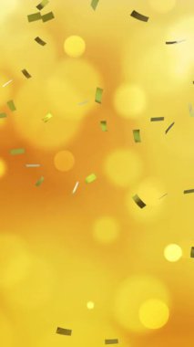 Altın konfetilerinin animasyonu ve koyu sarı arka planda beyaz ve sarı benekli bokeh lekeleri. Noel, yeni yıl, kutlama, parti ve mevsimlik etkinlik konsepti dijital olarak oluşturuldu.