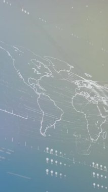 Dünya haritası üzerinde dijital veri işleme animasyonu. Dijital olarak oluşturulmuş küresel bağlantılar, hesaplama ve veri işleme kavramı.