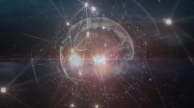 Küre ile açılır, ağ etrafında belirir, dönen kameralar bağlantı gösterir. Küreselleşme, bağlantı, teknoloji, yenilik, dijital, fütüristik, ağ