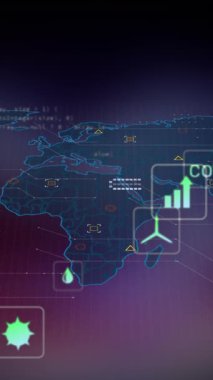 Dijital simgelerin canlandırılması ve dünya haritasında mor arkaplan ile veri işleme. Küresel ağ ve iş teknolojisi kavramı