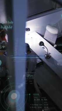 Animation of financial data processing over diverse business people. Global business, finances, computing and data processing concept digitally generated video.