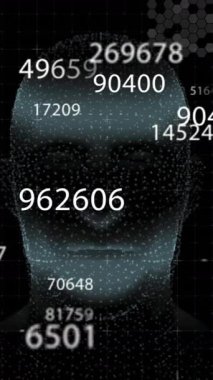 Siyah arka plandaki insan yüzü modeline karşı birden fazla değişen sayının dijital animasyonu. dijital arayüz ve tıbbi araştırma teknolojisi kavramı