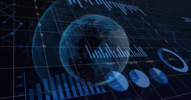 3D ızgarada görünen şeffaf dünya yükselen çubuklar, pasta, halka şeması iletim verilerini dolduruyor. Dijital, sürükleyici, fütürist, analitik, görselleştirme, teknoloji, gösterge paneli