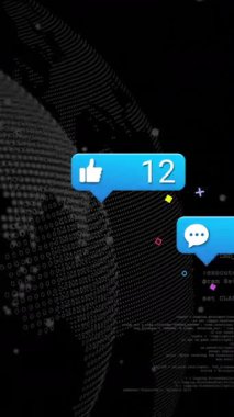 Siyah arkaplan üzerinde dijital veri işleme ve küre animasyonu. Dijital olarak oluşturulmuş küresel sosyal medya, bağlantılar, hesaplama ve veri işleme kavramı.