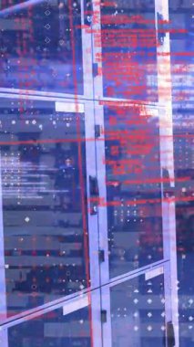 Bilgisayar sunucu odasındaki veri işleme ve noktaların animasyonu. Bilgisayar arayüzü ve iş veri depolama teknolojisi kavramı