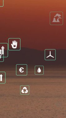 Animation of sustainability and ecology icons over landscape. Ecology, sustainability and data processing concept digitally generated video