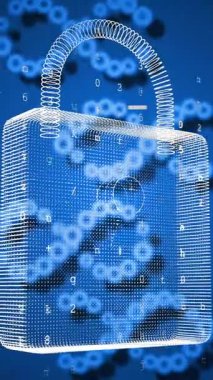 DNA iplikçiklerinin animasyonu, asma kilit üzerinde bilimsel veri işleme. Siber güvenlik, yapay zeka, bilim, bağlantılar, hesaplama ve veri işleme kavramı dijital olarak oluşturulmuş video.
