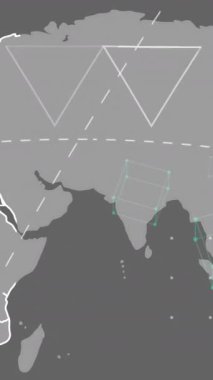 Dünya haritası üzerindeki bağlantı ağının animasyonu. Dijital olarak oluşturulmuş küresel bağlantılar, hesaplama ve veri işleme kavramı.