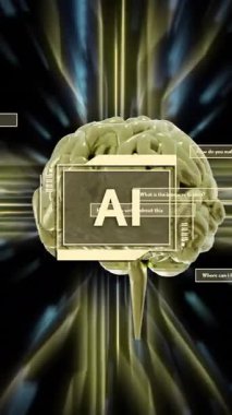 Ai metninin animasyonu, insan beyni ve dijital veri işlemesi. Dijital olarak oluşturulmuş küresel yapay zeka, bağlantılar, hesaplama ve veri işleme kavramı.