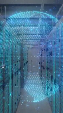 Sunucu odası arkaplan animasyonunda veri işleme ağı bağlantıları. Ağ, teknoloji, veri işleme, siber güvenlik, iletişim, altyapı
