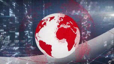 Başlangıçta, kırmızı-beyaz küre sola doğru dönüyor veri noktaları ve kod çizgileri veri akışını görselleştiriyor. Fütürist, dijital, küresel, teknoloji, siber, yenilik, soyut