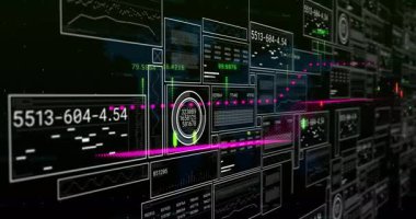 Pembe noktalı çizgi ızgara panelleri boyunca ortaya çıkıyor, okumalar güncelleniyor ve artan veri eğilimini takip ediyor. Teknoloji, veri görselleştirme, analitik, fütüristik, dijital arayüz, büyüme, ilerleme