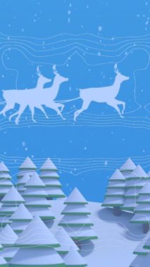 Noel Baba 'nın beyaz silueti ren geyikleri tarafından çekiliyor. Kar taneleri düşüyor ve mavi arka planda karla kaplı köknar ağaçları var.