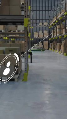 Deponun üzerindeki simgelerle bağlantı ağının animasyonu. Mağaza, teknoloji ve dijital arayüz kavramı, dijital olarak oluşturulmuş video.