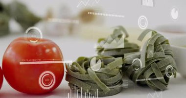 Domateslerin yer değiştirmesine neden olan grafikler biberli makarna sarımsağının yemek pişirme verilerini gösteriyor. Gıda, mutfak, dijital, modern, tazelik, teknoloji, sunum