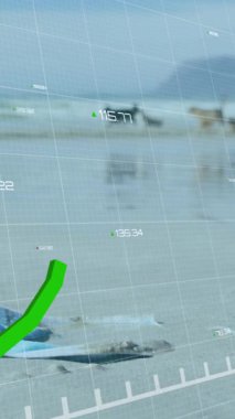 Gri bir ızgara üzerinde dijital ekranda yükselen yeşil bir istatistik hattı. Bu, küresel finans veya eko plajı korunmasıyla ilgili istatistikleri temsil edebilir.