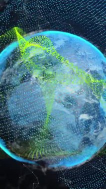 Soyut arkaplan ile dünyanın dört bir yanındaki bağlantılı noktalar üzerinden dinamik dalgaların animasyonu. Dijital olarak oluşturulmuş, hologram, illüstrasyon, veri, bağlantı, iletişim, küreselleşme, teknoloji.