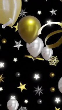 Siyah zemin üzerinde yıldızlar olan altın ve gümüş balonların animasyonu. Yeni yıl, yeni yıl arifesi, parti, kutlama ve geleneksel konsept dijital olarak oluşturulmuş video.