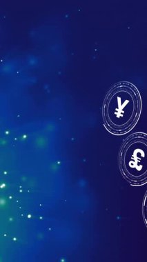 Mavi arkaplandaki ışık noktalarının üzerinde para birimi sembollerinin animasyonu. Finansal, bağlantılar ve dijital arayüz konsepti dijital olarak oluşturulmuş video.