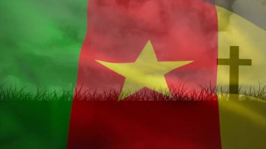 Rüzgar simülasyonu başlıyor ve kamerun bayrağının çim bıçakları ve çapraz siluet üzerinde dalgalanmasına neden oluyor. Vatanseverlik, milliyetçilik, dijital sanat, hareket, sembolizm, sükunet, minimalist