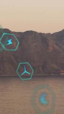 Animation of sustainability and ecology icons over landscape. Ecology, sustainability and data processing concept digitally generated video