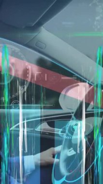 Animation of screens of network of connections and graphs against african american man driving a car. Global networking and business technology concept