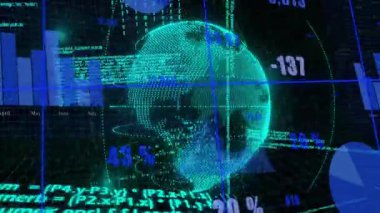 Kod akışından ortaya çıkan dijital küre, küresel verileri görselleştirmek için güncelleme yaparken dönüyor. Holograf, veri, görselleştirme, fütüristik, arayüz, analiz, teknoloji