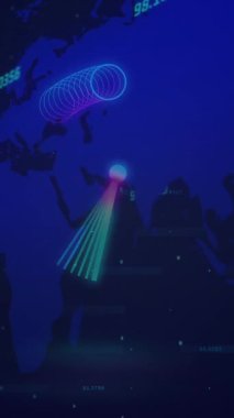 Animation of neon circles over digital screen with world map and numbers. Global finance, economy and technology concept digitally generated video.