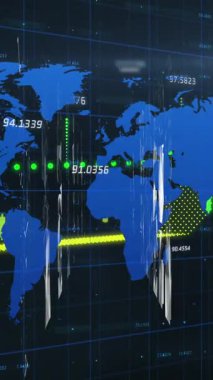 Siyah arkaplanda veri işleme ve şekillerin animasyonu. Dijital olarak oluşturulmuş küresel bilgisayar ve veri işleme kavramı.