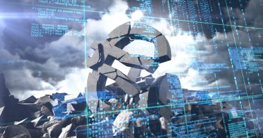 Bulutlu gökyüzüne karşı kayaların üzerindeki Euro sembolünün birleşik görüntüsü