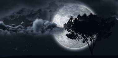 Ay parlayan bir ağaç ve bazı bulutlar tarafından gizler