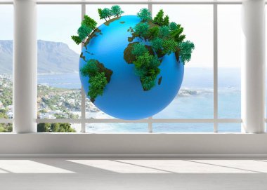 Şebeke pencereli düz tasarım odası yeşil ağaçlı yüzen mavi küreye ev sahipliği yapıyor. Minimalist, modern, eko, dijital, çevre, mimari, sürdürülebilir