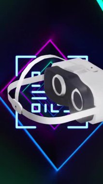 qr kodu ve neon çizgileri veri işleme üzerine vr kulaklığın animasyonu. Küresel video gerçekliği, hesaplama, dijital arayüz ve veri işleme kavramı dijital olarak oluşturuldu.