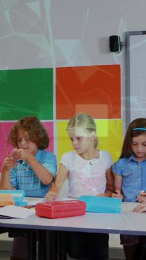 Animation of shapes moving over caucasian female teacher with diverse schoolchildren. Global education and digital interface concept digitally generated video.