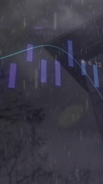 Yüksek binaya yağan yağmurla ilgili veri işleme ve dünya haritasının animasyonu. İş veri teknolojisi kavramı