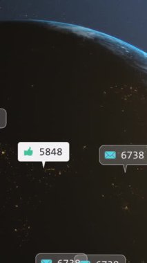 Dünya çapında sosyal medya simgeleri ve veri işleme animasyonları. Dijital olarak oluşturulmuş küresel bağlantılar, iş, finans, bilgisayar ve veri işleme kavramı.