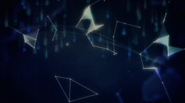 Parlak flaş, yükselen palmiyenin üzerinde dönen noktalı dijital küre oluşturan sürüklenen çokgenleri harekete geçiriyor. Fütürist, teknoloji, dijital, ağ, veri, siber uzay, soyut
