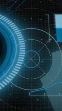 Aydınlatılmış dairelerin radar ve grafiklerin siyah arka planda canlandırılması. Dijital olarak üretilen hologram, illüstrasyon, sonar raporu, iş, şekil, soyut ve teknoloji kavramı.