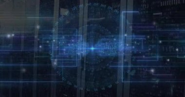 Başlangıçta HUD elementleri parlayan paneller içe doğru kayarken, sayısal halka veri izleme için dönüyor. Fütürist, teknoloji, dijital, arayüz, siber, sibernetik, siber punk