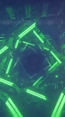 Neon tüneldeki bağlantı ağının animasyonu. Soyut arkaplan, ışık, şablon ve dijital olarak oluşturulmuş hareket konsepti.