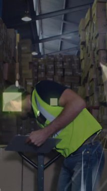 Animation of lights over caucasian male warehouse worker. Business, finance and delivery services concept digitally generated video.