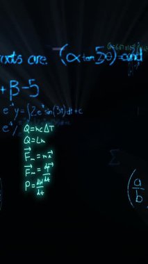 Animation of mathematical formulae and scientific data processing over black background. Global science, computing and data processing concept digitally generated video.